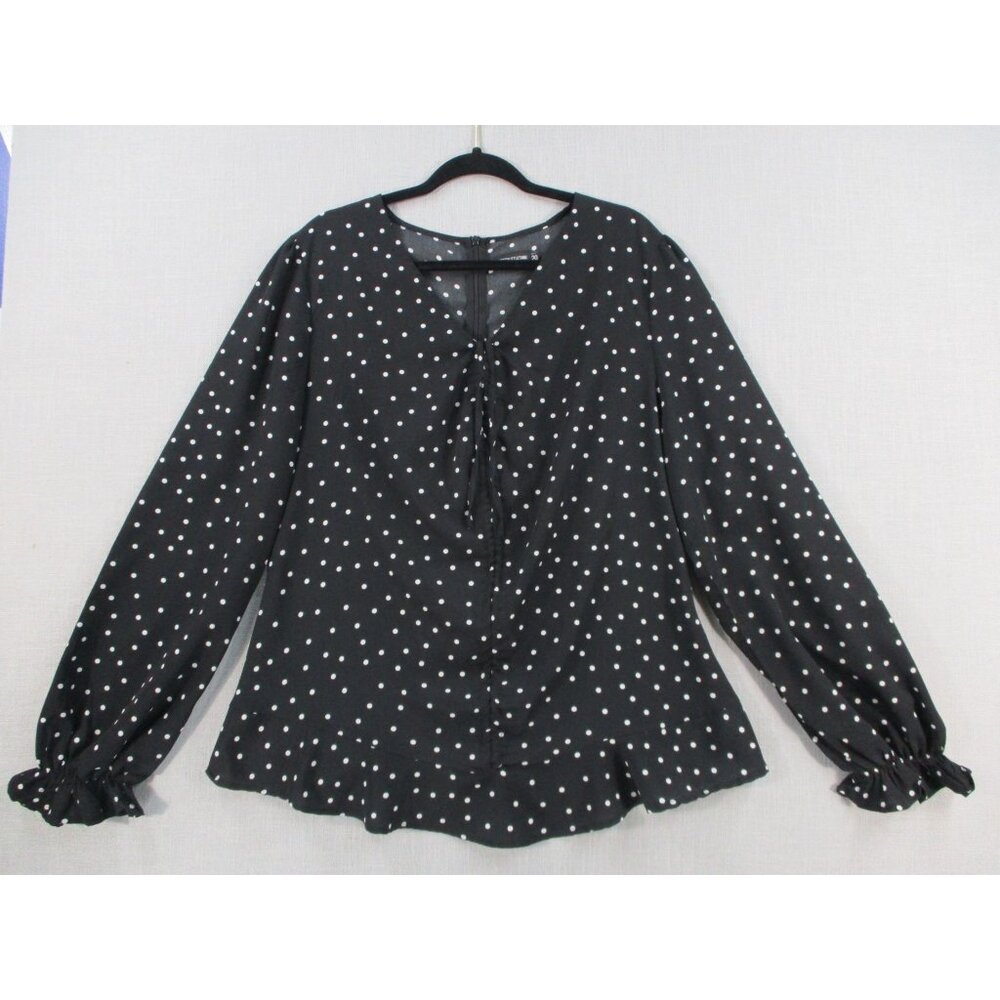 Black‎ White Polka Dot Flowy Blouse With Ruffled Sleeves Women Size - 20